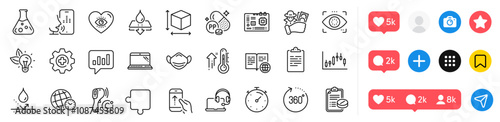 360 degrees, Eco energy and Niacin line icons pack. Social media icons. Medical mask, Timer, Voicemail web icon. Internet book, Puzzle, Motherboard pictogram. Analytical chat, Swipe up, Laptop. Vector