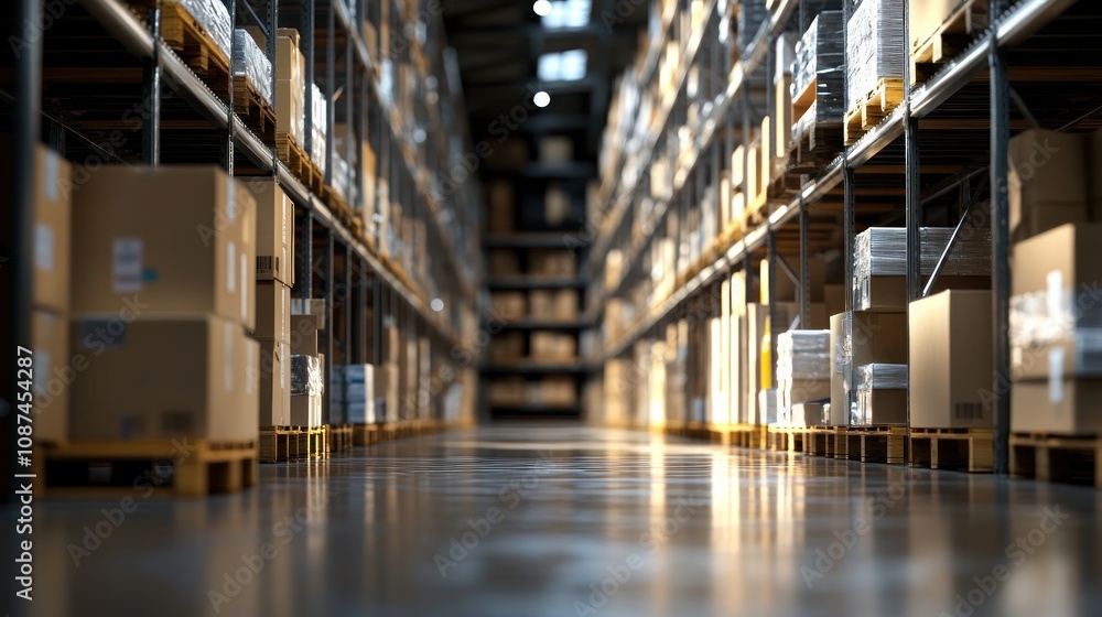 Cardboard Boxes Stacked High On Warehouse Shelves Cardboard Boxes Stacked High On Warehouse Shelves