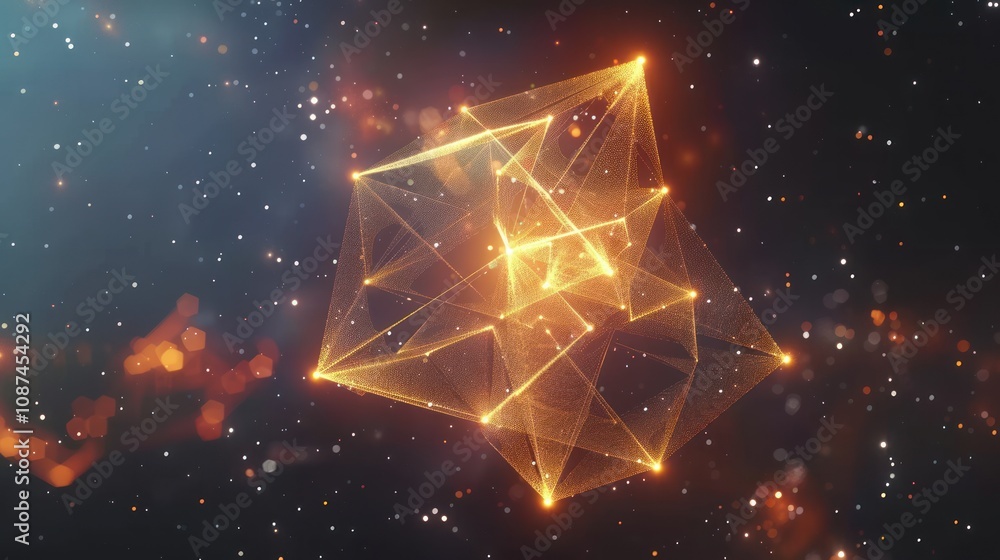 A glowing golden geometric shape floats in a dark, starry space. A glowing golden geometric shape floats in a dark, starry space.