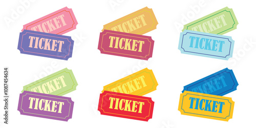Flat vector illustration set of color cinema tickets, tickets for movie premiere, film festival, theater, show, concert, performance concept.