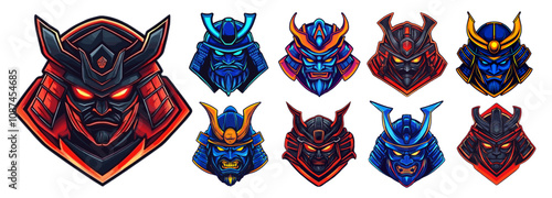 samurai emblem. japanese warrior red blue yellow colors, logo e-sport team sign evil grin fangs mask traditional military helmet vector illustration