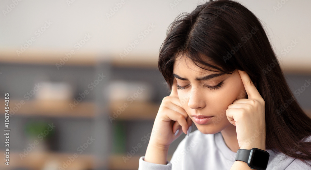 Fatigue From Work. Tired young woman feeling headache or stress, touching and massaging her temples. Female working on laptop, trying to learn and study, sitting at desk and using computer Fatigue From Work. Tired young woman feeling headache or stress, touching and massaging her temples. Female working on laptop, trying to learn and study, sitting at desk and using computer