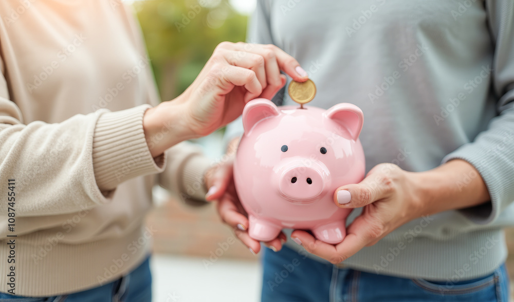 an elderly couple throws coins into a piggy bank an elderly couple throws coins into a piggy bank