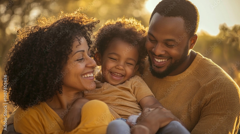 Family photo of adoptive parents and their children, taken outdoors in a warm, natural setting Family photo of adoptive parents and their children, taken outdoors in a warm, natural setting