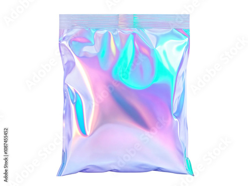 Blank iridescent plastic bag, Packaging Mockup, isolated over transparent background, PNG cutout