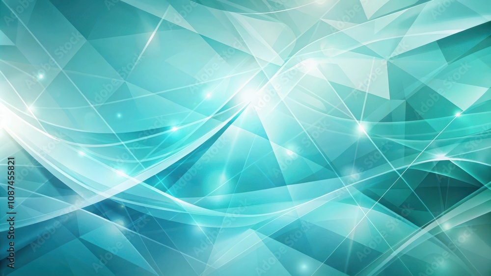 Obraz premium Abstract Turquoise Geometric Background with Shiny Curved Lines and Glowing Lights