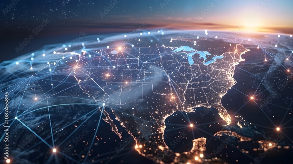 An intricate digital globe hovering above the USA, displaying real-time data transfers and connections, with a network of glowing lines and nodes representing global connectivity. An intricate digital globe hovering above the USA, displaying real-time data transfers and connections, with a network of glowing lines and nodes representing global connectivity.