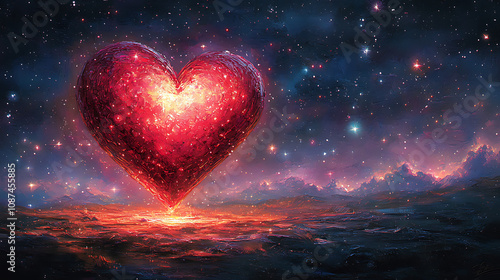 Glowing Red Heart with Radiant Light on Romantic Starry Backdrop photo