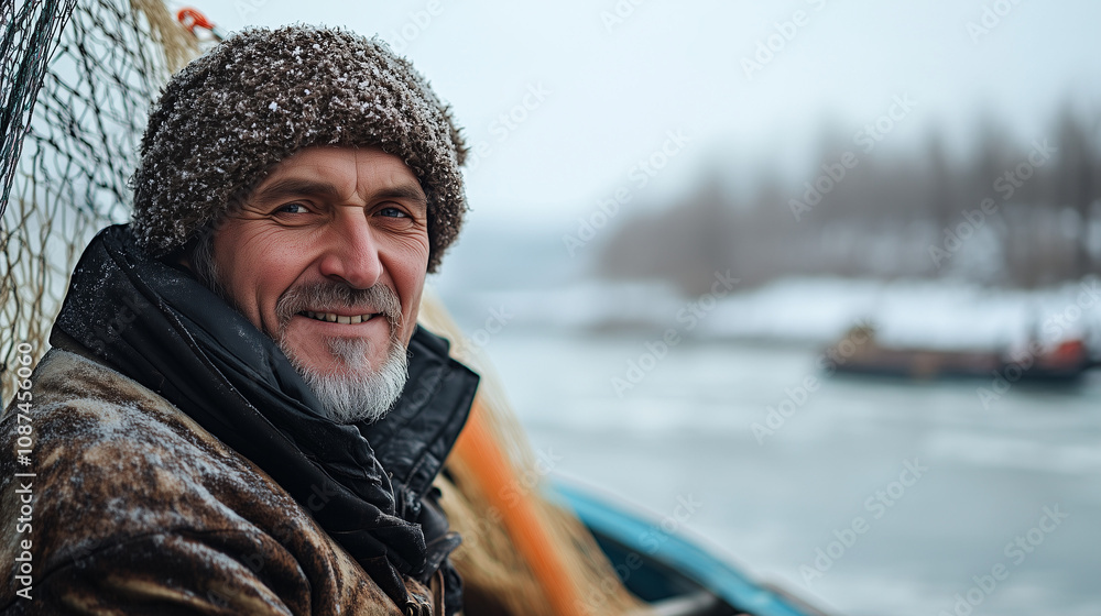 A cheerful middle-aged fisherman wearing a warm jacket and a knit hat, standing by a harbor. Themes of hard work, coastal lifestyles, fishing industry, and outdoor professions. A cheerful middle-aged fisherman wearing a warm jacket and a knit hat, standing by a harbor. Themes of hard work, coastal lifestyles, fishing industry, and outdoor professions.