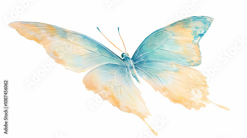 Iridescent blue and yellow butterfly in midflight against pure white background delicate wings capture light showcasing natures intricate beauty. Iridescent Butterfly Wings. Illustration photo