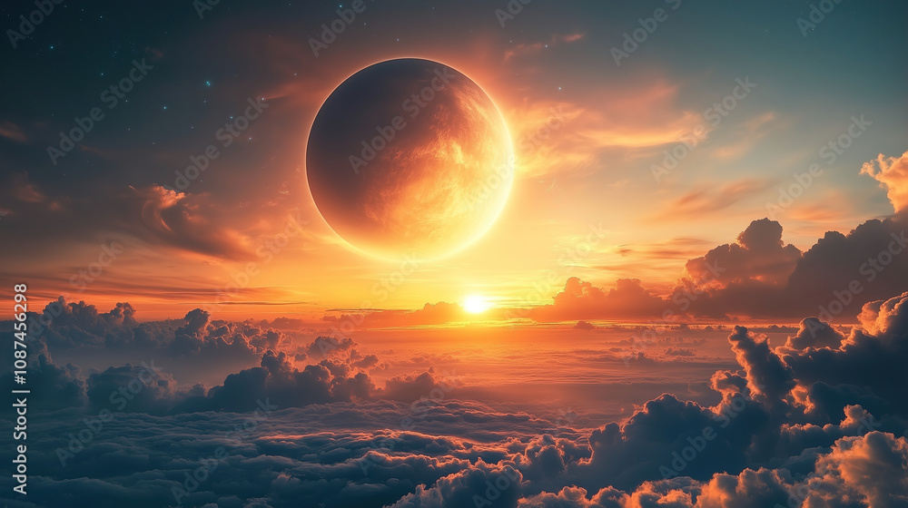 Stunning sunset view with a bright crescent moon and colorful clouds over a tranquil horizon at dusk. Generative AI Stunning sunset view with a bright crescent moon and colorful clouds over a tranquil horizon at dusk. Generative AI