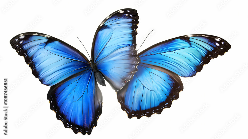 Obraz premium Blue morpho butterflies, flight and wings spread against a white background. png. Iridescent Butterfly Wings. Illustration