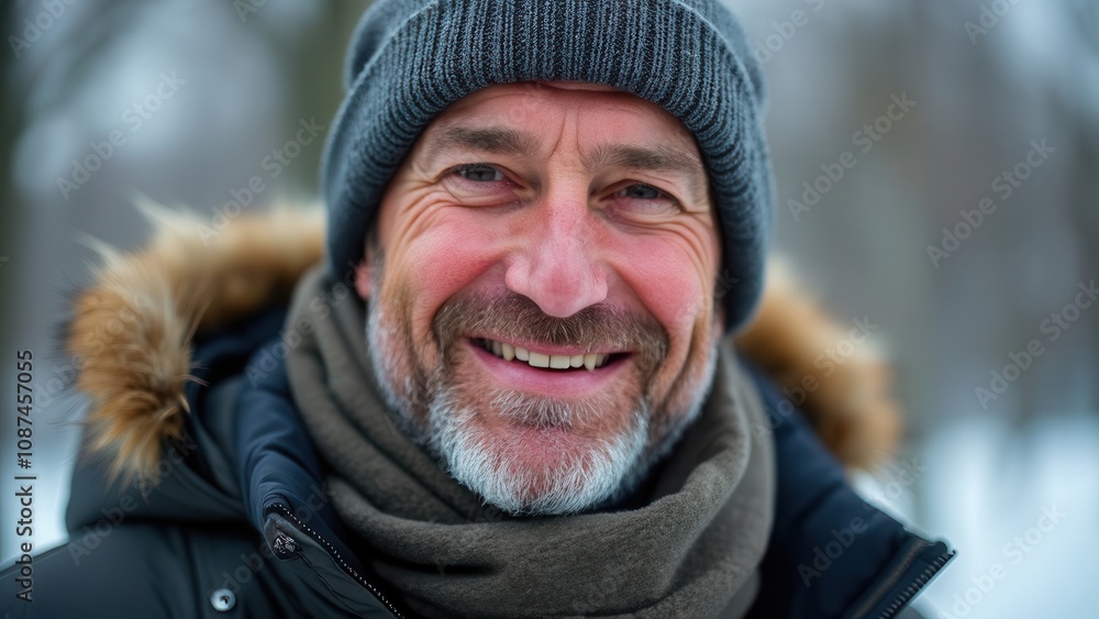 A cheerful man with a friendly smile is bundled up in a warm beanie and scarf, enjoying a winter day in a snowy park. The cold air is evident as he stands amidst the serene snowy landscape, radiating A cheerful man with a friendly smile is bundled up in a warm beanie and scarf, enjoying a winter day in a snowy park. The cold air is evident as he stands amidst the serene snowy landscape, radiating