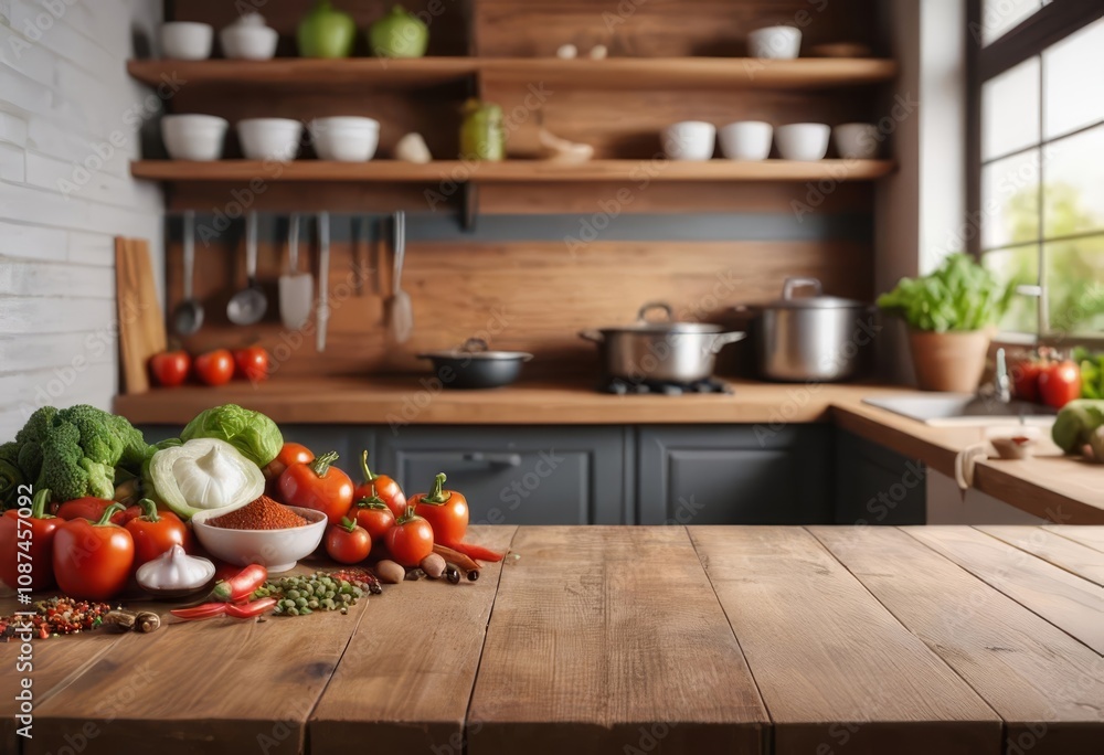 A wooden table with fresh vegetables and spices scattered on top, with a kitchen in the background. A wooden table with fresh vegetables and spices scattered on top, with a kitchen in the background.