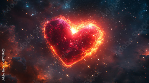 Radiant Red Heart Illuminating a Magical Starry Night