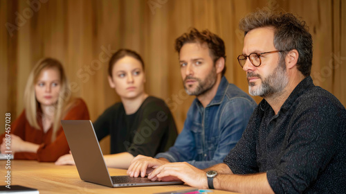 Coworkers collaborating on project, using laptop, focused on task in modern office