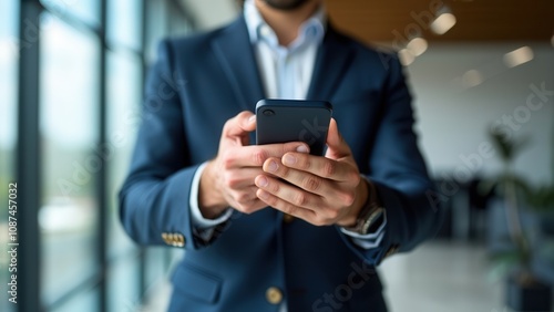 A businessman dressed in a dark suit stands in a contemporary office, engaging with his smartphone. Soft light filters through large windows, creating an inviting atmosphere for work and communication