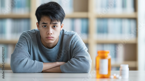 Unwilling asian teenager sitting at desk, refusing medication with crossed arms photo