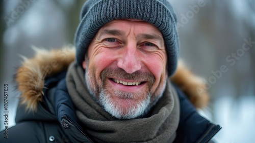 A cheerful man with a friendly smile is bundled up in a warm beanie and scarf, enjoying a winter day in a snowy park. The cold air is evident as he stands amidst the serene snowy landscape, radiating 