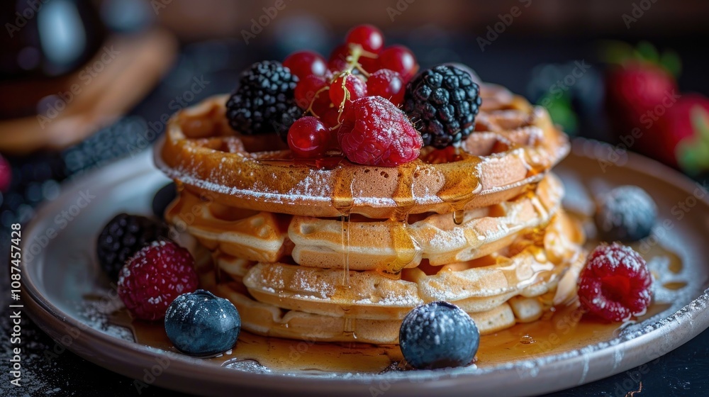 custom made wallpaper toronto digitalA stack of golden waffles topped with fresh berries and drizzled with maple syrup.