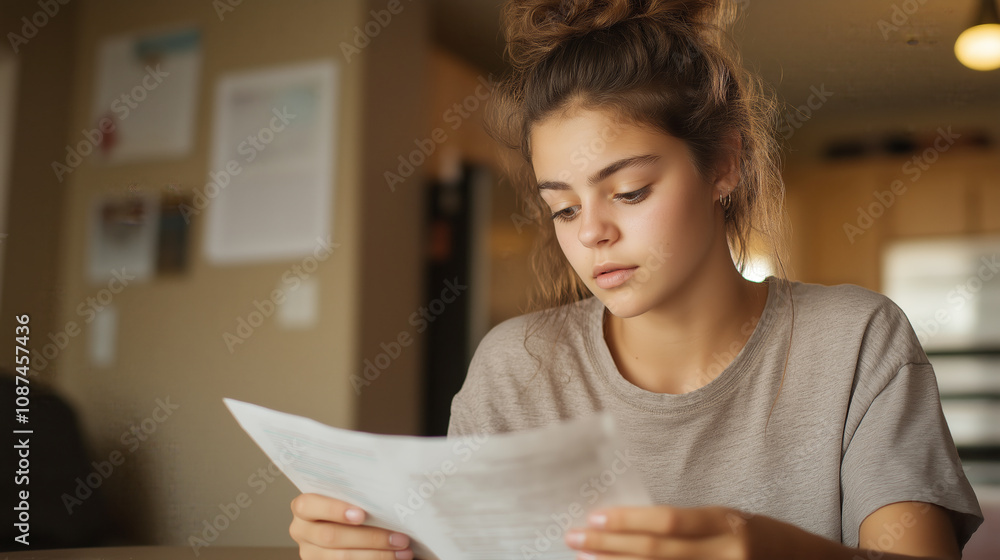 Focused female carefully reviewing paperwork, concentrating on details in a domestic setting Focused female carefully reviewing paperwork, concentrating on details in a domestic setting