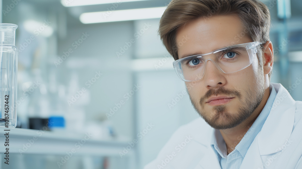 Young scientist wearing protective glasses and a lab coat working in a modern laboratory Young scientist wearing protective glasses and a lab coat working in a modern laboratory