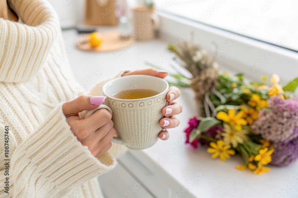 A person enjoys a warm cup of tea while relaxing in a bright kitchen adorned with fresh flowers. The cozy atmosphere is enhanced by the soft natural light streaming through the window, perfect for a p A person enjoys a warm cup of tea while relaxing in a bright kitchen adorned with fresh flowers. The cozy atmosphere is enhanced by the soft natural light streaming through the window, perfect for a p