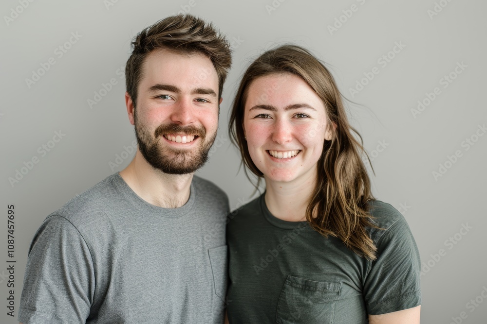 Portrait of a smiling couple in their 20s dressed in a casual t-shirt on pastel gray background Portrait of a smiling couple in their 20s dressed in a casual t-shirt on pastel gray background