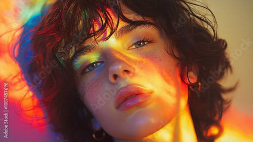 Colorful portrait of a proud gender-fluid teen with a vibrant background, celebrating LGBT pride and freedom of expression photo