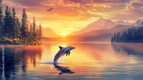 A beautiful scenary with a swimming dolphin in water.