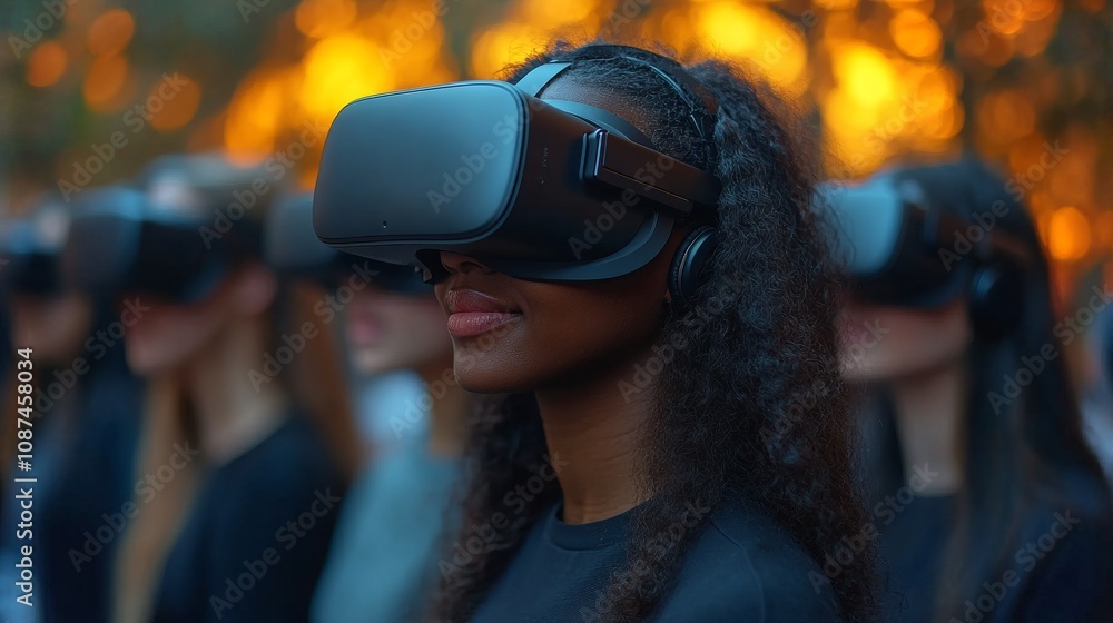 A female leader guiding a group of coworkers through a virtual reality training session outdoors A female leader guiding a group of coworkers through a virtual reality training session outdoors