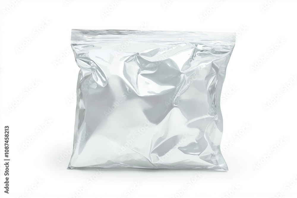 A clear plastic bag is sitting on a white background. The bag is empty and has a plastic wrap around it. Concept of emptiness and simplicity A clear plastic bag is sitting on a white background. The bag is empty and has a plastic wrap around it. Concept of emptiness and simplicity