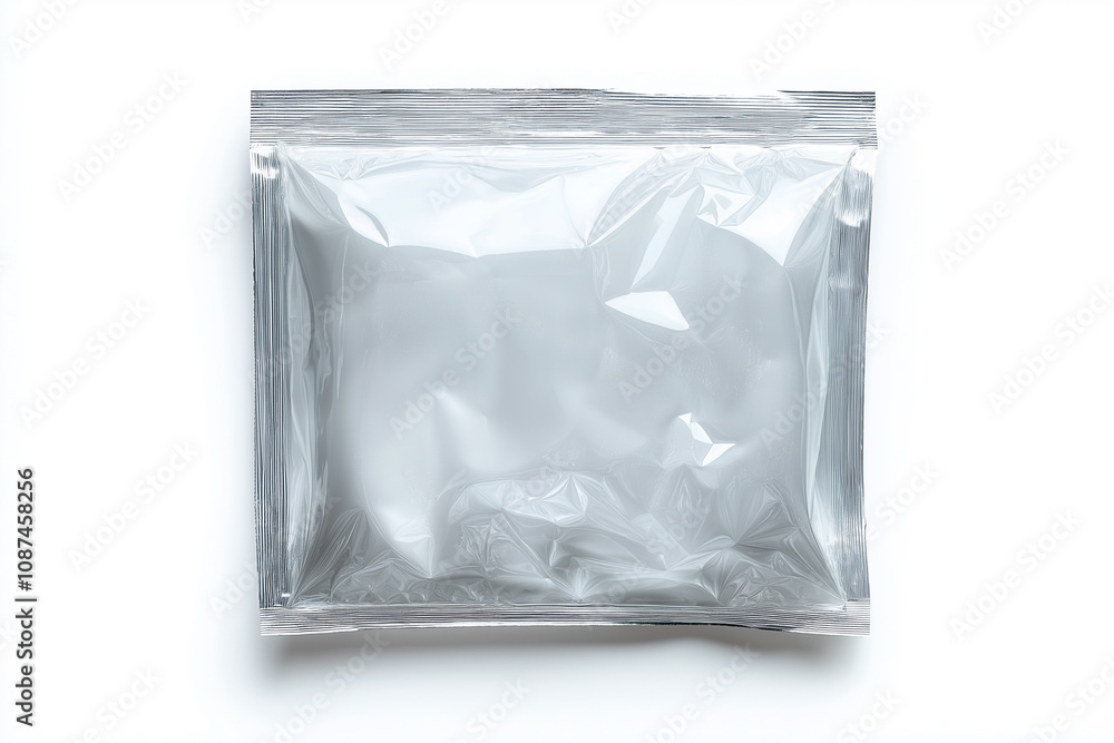 A clear plastic bag is sitting on a white background. The bag is empty and has a plastic wrap around it. Concept of emptiness and simplicity A clear plastic bag is sitting on a white background. The bag is empty and has a plastic wrap around it. Concept of emptiness and simplicity