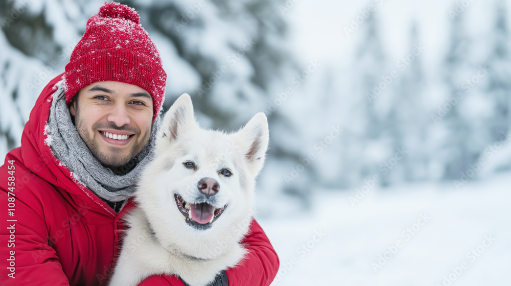 Joyful man in winter attire embraces his siberian husky in a snowy woodland Joyful man in winter attire embraces his siberian husky in a snowy woodland