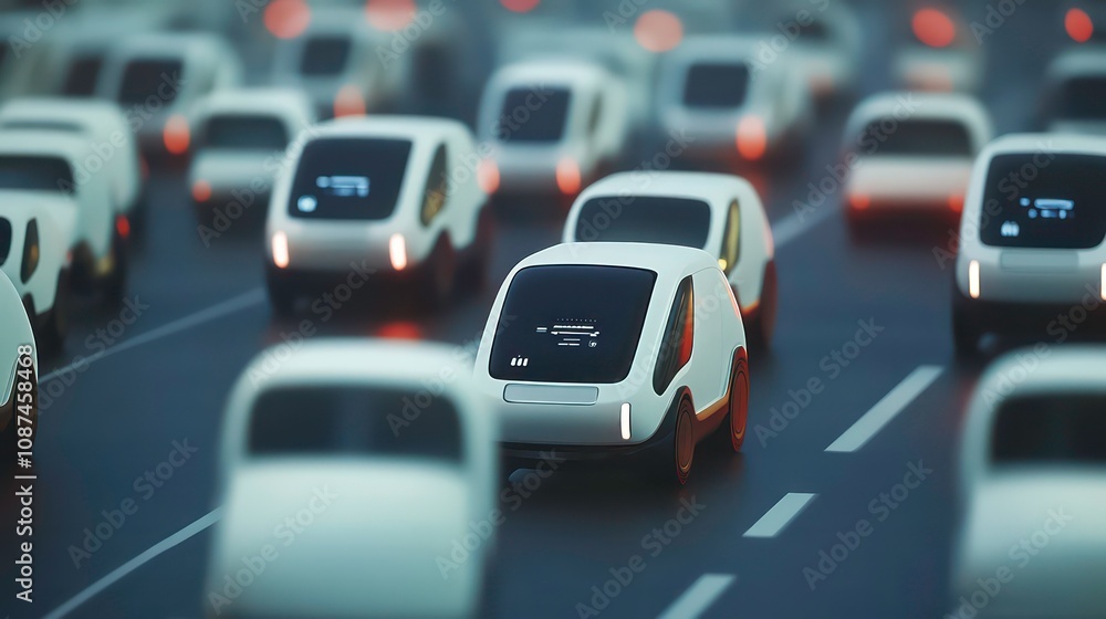 A line of futuristic autonomous vehicles driving on a highway at dusk. A line of futuristic autonomous vehicles driving on a highway at dusk.