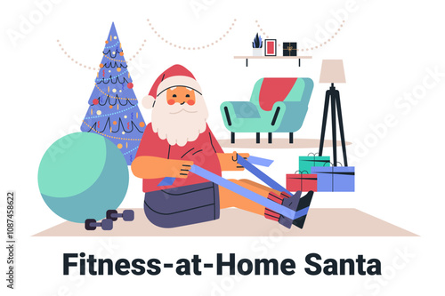 Santa exercising at home with resistance bands beside a Christmas tree gifts and fitness equipment in a cozy living room setting