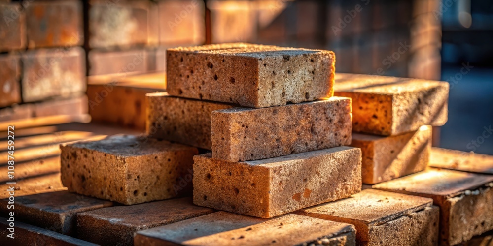 A stack of rough, textured bricks bathed in warm sunlight, showcasing their natural beauty and the craftsmanship of their creation. A stack of rough, textured bricks bathed in warm sunlight, showcasing their natural beauty and the craftsmanship of their creation.
