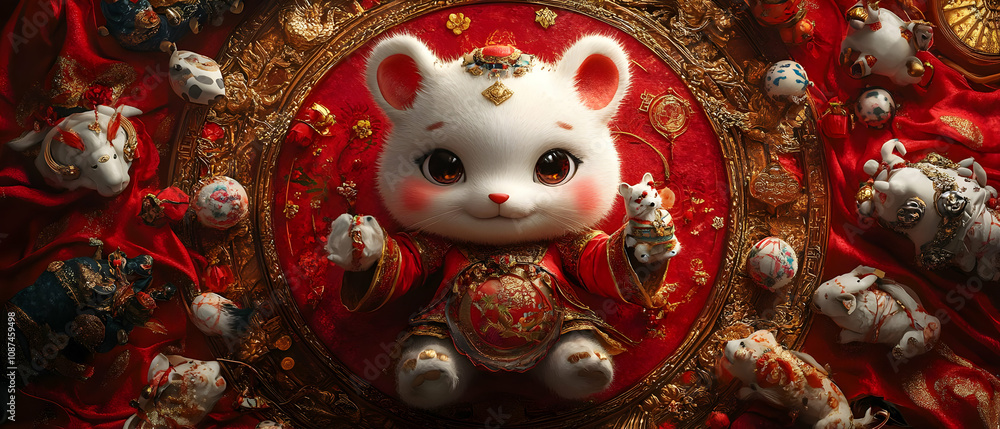 Fototapeta premium A whimsical and colorful depiction of a cute, cartoonish mouse surrounded by traditional symbols of celebration.