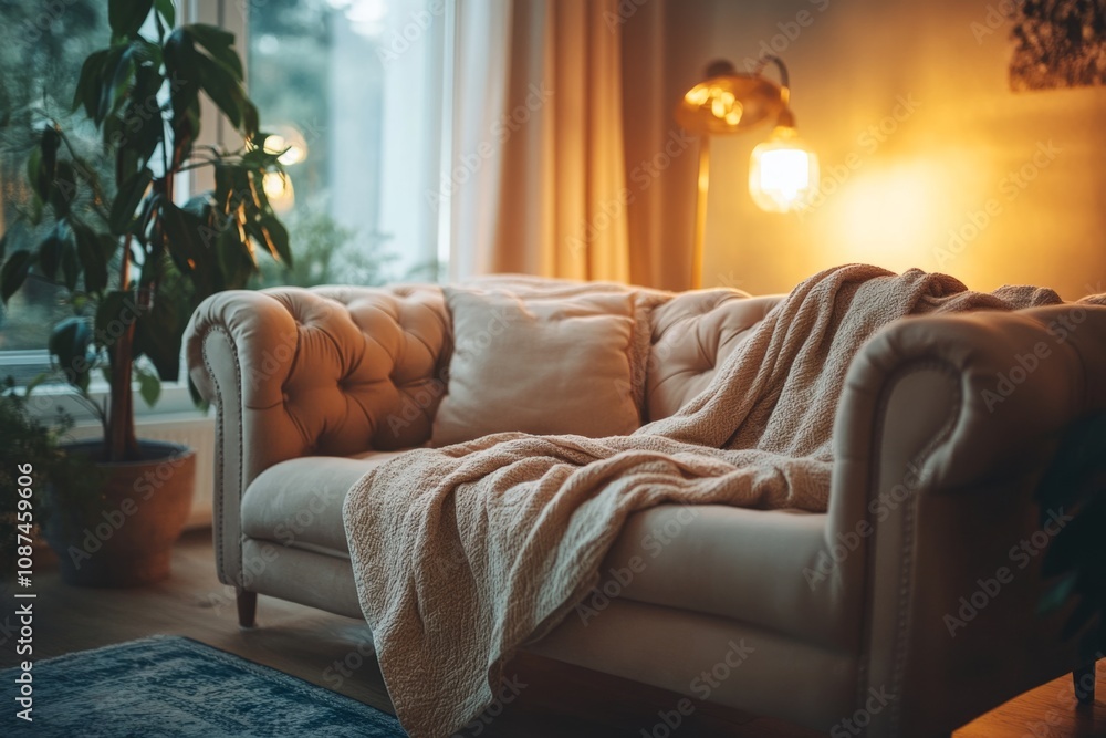 Fototapeta premium Comfortable beige sofa with blanket in cozy living room illuminated by warm lamp light, creating a relaxing and inviting atmosphere