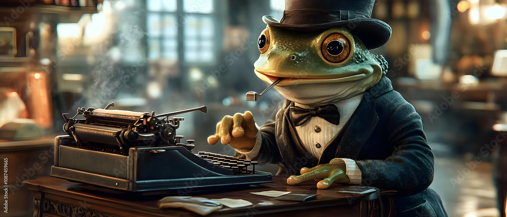 A whimsical frog dressed in a tuxedo typing on a vintage typewriter in a cozy library setting. A whimsical frog dressed in a tuxedo typing on a vintage typewriter in a cozy library setting.