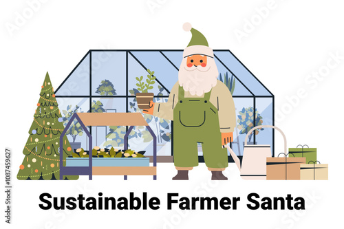 Santa Claus sustainable farming greenhouse plants Christmas tree gifts watering can festive theme