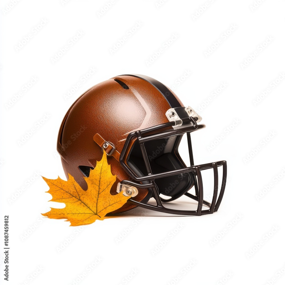 Naklejka premium Thanksgiving American football Brown football helmet with a vibrant autumn leaf beside it.