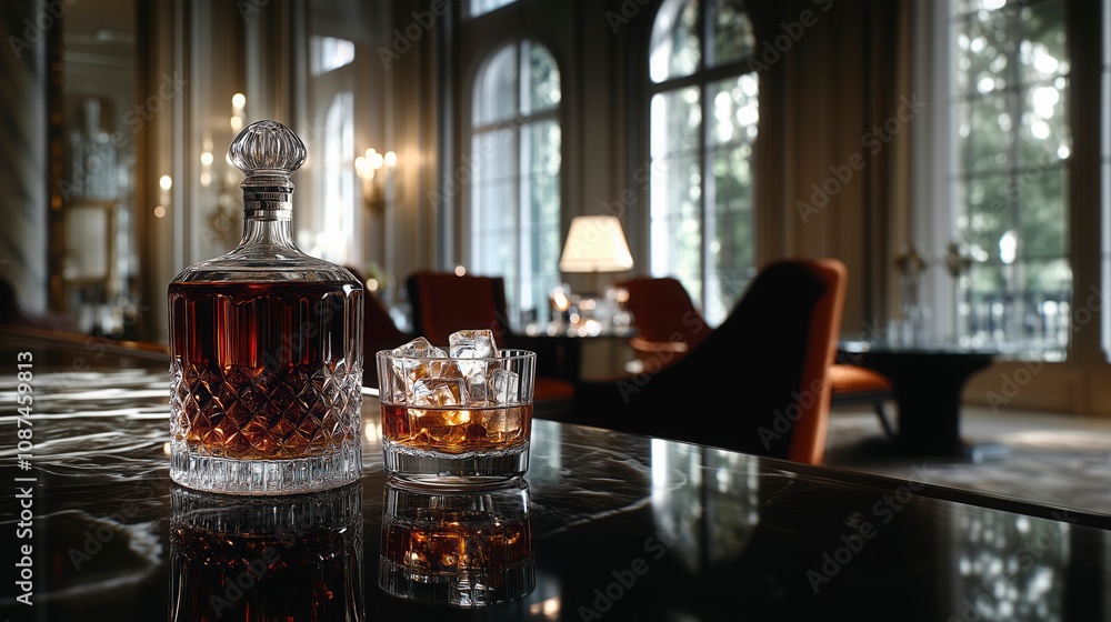 Elegant whiskey decanter and glass in a luxurious lounge during evening, whisky advertisement with copy space, glass of whisky advertising image, spirit drink advert Elegant whiskey decanter and glass in a luxurious lounge during evening, whisky advertisement with copy space, glass of whisky advertising image, spirit drink advert