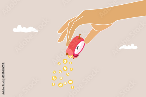 Big hand holding a watch with leaking money. concept of opportunity, saving, time management