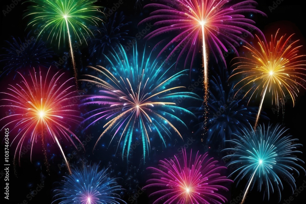 Naklejka premium Colorful fireworks on night sky background. Celebration and holidays concept. Independence Day 4th of July, New Year, festival. Bright explosions of lights in sky. Place for your text.