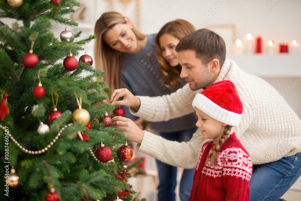 A family joyfully hangs ornaments on a Christmas tree, embracing the festive spirit together. A family joyfully hangs ornaments on a Christmas tree, embracing the festive spirit together.