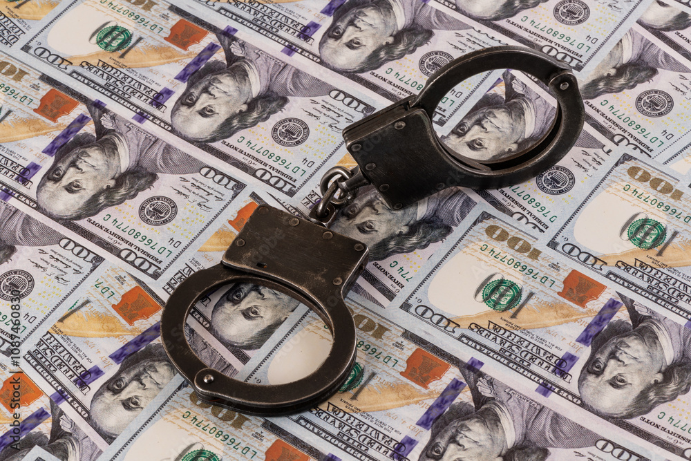 Handcuffs against the background of 100 US dollar bills Handcuffs against the background of 100 US dollar bills