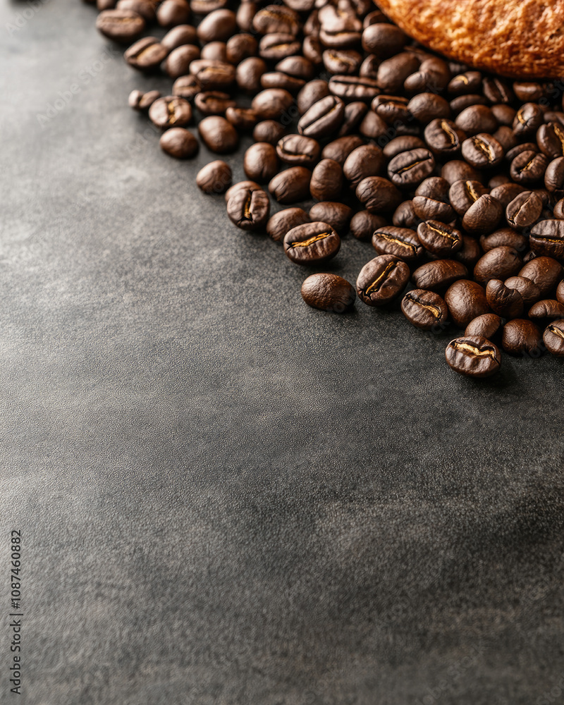 A close-up view of roasted coffee beans scattered on a dark surface, accompanied by a piece of baked bread, creating a cozy, inviting atmosphere. A close-up view of roasted coffee beans scattered on a dark surface, accompanied by a piece of baked bread, creating a cozy, inviting atmosphere.
