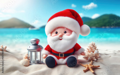 Cute toy character of Santa Claus in summer weather holiday, warm Christmas celebration seasons greeting, happy jolly, new year festival, kids toy