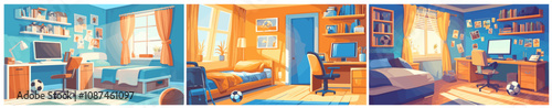 teenager room interior flat. boy bedroom with computer and soccer ball background, kids desk chair bed window posters blue orange walls vector illustration